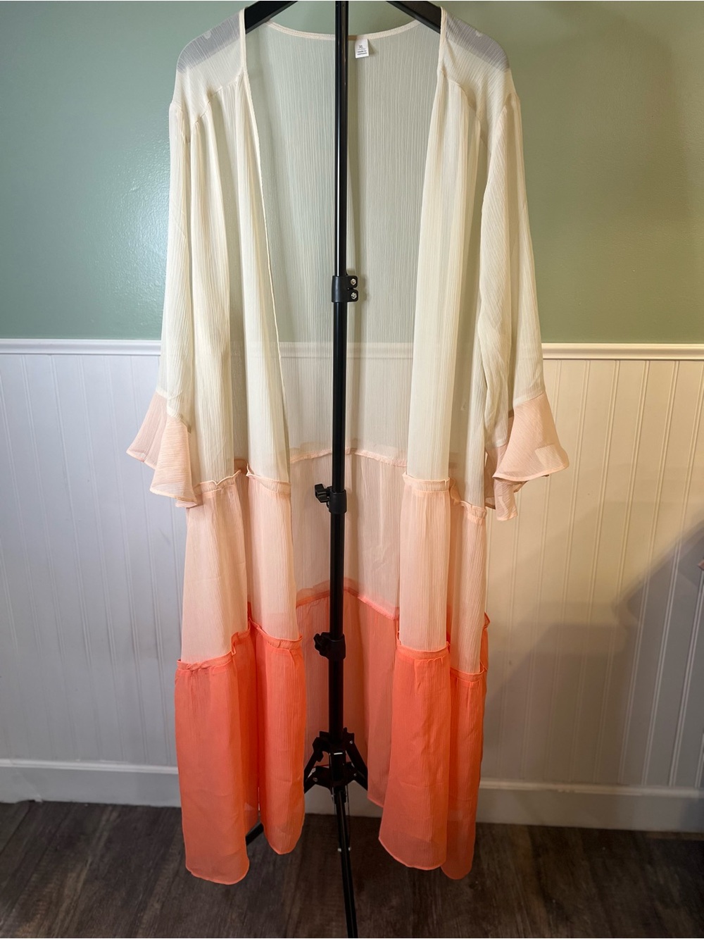 Cato Sheer Oversized Colorblock Duster in Cream, Peach & Coral. Size XL